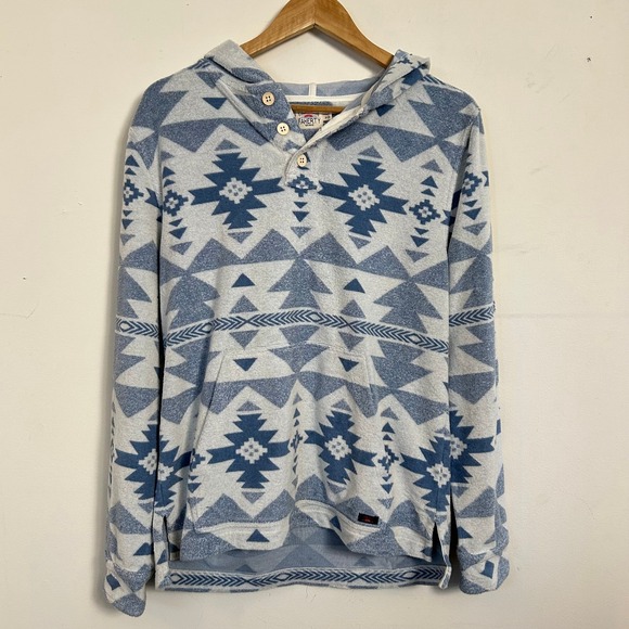 Faherty Southwestern Geometric Terry Cloth Henley Hoodie Blue White Size M